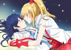 Rule 34 | 2girls, absurdres, ayase eli, blonde hair, blue eyes, blue hair, blush, bokura wa ima no naka de, bow, fingerless gloves, frills, gloves, hair between eyes, highres, huakuiliehuo, long hair, looking at another, love live!, love live! school idol project, multiple girls, navel, necktie, open mouth, plaid, plaid skirt, ponytail, puffy short sleeves, puffy sleeves, red skirt, scrunchie, shirt, short sleeves, simple background, skirt, smile, sonoda umi, striped neckwear, suspender skirt, suspenders, white shirt, yellow eyes, yuri