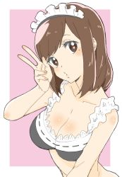 1girl absurdres bad_id bad_twitter_id bare_arms bare_shoulders bikini blush breasts brown_eyes brown_hair cleavage donguri_suzume female_focus hand_up head_tilt heart heart-shaped_pupils highres large_breasts looking_at_viewer maid maid_bikini maid_headdress mole mole_under_eye original pink_background simple_background solo swimsuit symbol-shaped_pupils unconventional_maid upper_body v