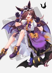 Rule 34 | 1girl, animal ears, bat (animal), bat wings, blush, boots, bow, bowtie, brooch, brown hair, claw pose, collared dress, cross-laced footwear, dress, ears through headwear, eason870408, fangs, flipped hair, flower, frilled dress, frills, full body, gloves, hair flower, hair ornament, hair over one eye, hairband, high heel boots, high heels, highres, horse ears, horse girl, horse tail, jack-o&#039;-lantern, jewelry, lace-up boots, layered dress, lolita hairband, long hair, looking at viewer, open mouth, purple eyes, rice shower (make up vampire!) (umamusume), rice shower (umamusume), short sleeves, smile, solo, tail, umamusume, v-shaped eyebrows, very long hair, wings
