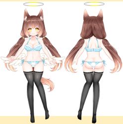 Rule 34 | 1girl, animal ear fluff, animal ears, ass, bare shoulders, black thighhighs, blue bra, bow, bow bra, bow panties, bra, breasts, brown background, brown hair, cleavage, closed mouth, copyright request, feathered wings, gluteal fold, highres, long hair, low twintails, low wings, medium breasts, multiple views, no shoes, official art, panties, shikito (yawa0w0), side-tie panties, smile, soles, standing, tail, thigh gap, thighhighs, turnaround, twintails, two-tone background, underwear, underwear only, very long hair, white background, white panties, white wings, wings