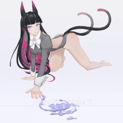 Rule 34 | 1girl, all fours, animal ears, ass, barefoot, black hair, blue eyes, blunt bangs, cat ears, cat tail, copyright name, grey shirt, juliet sleeves, lingxia, long hair, long sleeves, looking at viewer, multicolored hair, multiple tails, pink hair, pixiv fantasia, pixiv fantasia t, puffy sleeves, shirt, simple background, tail, two-tone hair, white background, wrist cuffs