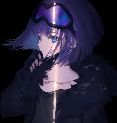 Rule 34 | 1girl, andreana (arknights), arknights, black background, black gloves, black shirt, blue eyes, closed mouth, collarbone, commentary, gawako, gloves, goggles, goggles on head, hand up, highres, long sleeves, purple hair, shirt, short hair, simple background, solo, upper body