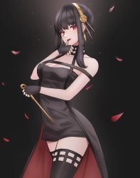 Rule 34 | 1girl, black background, black dress, black gloves, black hair, black thighhighs, blush, breasts, cleavage, cowboy shot, dagger, dress, earrings, falling petals, fingerless gloves, flower, gloves, gold earrings, gold hairband, hair flower, hair ornament, hairband, hand up, highres, holding, holding dagger, holding knife, holding weapon, jewelry, knife, large breasts, long hair, looking at viewer, nail polish, parted lips, petals, red eyes, red flower, red nails, red rose, rita (arumhh), rose, sidelocks, solo, spikes, spy x family, thighhighs, thighs, weapon, yor briar