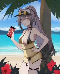 Rule 34 | 1girl, animal ears, arknights, beach, bikini, black bikini, black choker, breasts, can, cat ears, cat girl, cat tail, choker, cleavage, collarbone, cowboy shot, grey hair, hair between eyes, hand on own hip, highres, holding, holding can, large breasts, long hair, multico, outdoors, palm tree, parted lips, ponytail, sand, schwarz (arknights), shirt, sidelocks, smile, solo, swimsuit, tail, thigh strap, tree, water, yellow eyes, yellow shirt