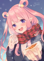 Rule 34 | 1girl, :d, artist name, baozi, black jacket, blurry, blurry foreground, blush, commentary request, dated, depth of field, food, gucchiann, hair between eyes, hair ornament, hair rings, hatsune (princess connect!), highres, holding, holding food, jacket, long hair, long sleeves, looking at viewer, open mouth, pink hair, pointy ears, princess connect!, purple eyes, ribbed sweater, signature, smile, snowman hair ornament, solo, star (symbol), star hair ornament, steam, sweater, upper body, white sweater