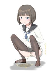 Rule 34 | 1girl, blue eyes, brown hair, clothes pull, female pubic hair, highres, original, pantyhose, pantyhose pull, peeing, pubic hair, puddle, pussy, school uniform, solo, squatting, steam, trembling, uncensored, white background, zagashira