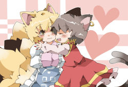 Rule 34 | 2girls, animal ears, bad id, bad pixiv id, blonde hair, brown hair, cat ears, cat girl, cat tail, chachi, chachi (azuzu), chen, china dress, chinese clothes, dress, earrings, female focus, fox ears, fox tail, hands in opposite sleeves, heart, jewelry, long sleeves, multiple girls, no headwear, no headwear, ribbon, short hair, tail, tora nuko, touhou, yakumo ran