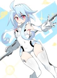 Rule 34 | 1girl, ahoge, bare shoulders, blue hair, blush, breasts, elbow gloves, gloves, hair between eyes, highres, holding, holding weapon, leotard, light blue hair, looking at viewer, neptune (series), open mouth, power symbol, power symbol-shaped pupils, red eyes, shimeji wyvern, short hair with long locks, small breasts, solo, symbol-shaped pupils, thighhighs, weapon, white gloves, white heart (neptunia), white leotard