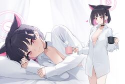 Rule 34 | 1girl, animal ears, black choker, black hair, blue archive, blush, breasts, cat ears, choker, cleavage, closed mouth, coffee mug, collared shirt, colored inner hair, cup, dress shirt, hair ornament, hairclip, halo, head on pillow, heart, highres, holding, holding cup, kazusa (blue archive), kuen (kuennn12), long sleeves, looking at viewer, lying, medium breasts, mug, multicolored hair, multiple views, naked shirt, on side, open clothes, open shirt, parted lips, pink hair, red eyes, shirt, short hair, sidelocks, sleeves past wrists, smile, two-tone hair, white background, white shirt