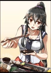 Rule 34 | black hair, breasts, chopsticks, cleavage, commentary request, fish, food, fruit, highres, incoming food, kantai collection, large breasts, lime (fruit), long hair, miso soup, necktie, plate, pleated skirt, ponytail, red eyes, school uniform, scrunchie, seitei (04seitei), serafuku, sidelocks, skirt, solo, yahagi (kancolle)