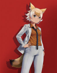 Rule 34 | animal ears, beleven, blonde hair, coyote (kemono friends), gloves, highres, kemono friends, kemono friends v project, looking at viewer, necktie, open mouth, shirt, shoes, short hair, simple background, skirt, smile, tail, virtual youtuber, white shirt, yellow eyes