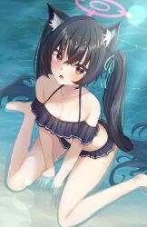 Rule 34 | 1girl, animal ears, black hair, blue archive, cat ears, halo, highres, long hair, looking at viewer, official alternate costume, pxz (ansony9898), red eyes, serika (blue archive), serika (swimsuit) (blue archive), solo, swimsuit, twintails