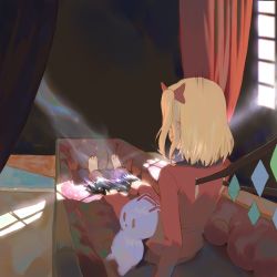 Rule 34 | 1girl, arm support, barefoot, bed, blonde hair, coffin, collared shirt, crystal, disintegration, flandre scarlet, highres, long sleeves, one side up, pajamas, pants, red pajamas, red pants, red shirt, shirt, short hair, side ponytail, sitting, solo, stuffed animal, stuffed rabbit, stuffed toy, sunlight, sweat, teasmacker, touhou, vampire, window, wings