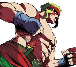 Rule 34 | 1boy, abs, alex (street fighter), blonde hair, clenched hand, clothes around waist, facepaint, fingerless gloves, from below, gloves, headband, kome (kakalow), long hair, male focus, muscular, shaded face, shirt, shirt around waist, topless male, solo, street fighter, street fighter v, suspenders