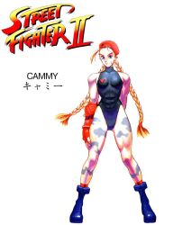 Rule 34 | 1990s (style), 1girl, abs, bengus, beret, blonde hair, blue eyes, boots, braid, breasts, cammy white, capcom, delta red, game, hat, leotard, official art, pale skin, retro artstyle, solo, spandex, street fighter, street fighter ii (series)