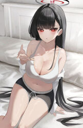 Rule 34 | 1girl, absurdres, alternate costume, bed, black hair, black shorts, blue archive, breasts, bright pupils, cleavage, hair ornament, hairclip, halo, hand up, highres, jaduade, large breasts, long hair, looking at viewer, navel, off shoulder, parted lips, red eyes, rio (blue archive), shirt, short shorts, shorts, sitting, solo, sports bra, stomach, thighs, very long hair, white pupils, white shirt, white sports bra