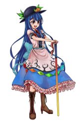 Rule 34 | 1girl, black headwear, blue hair, bow, bowtie, brown footwear, center frills, commentary, food, frilled skirt, frills, fruit, hands on hilt, high heels, hinanawi tenshi, kyoto kiranami, leaf, long hair, looking at viewer, open mouth, peach, rainbow order, red bow, red bowtie, red eyes, short sleeves, skirt, solo, standing, sword of hisou, teeth, touhou, upper teeth only