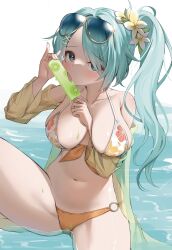 arm_between_breasts belly between_breasts bikini blue_archive blue_hair breasts collarbone floral_print_bikini food hair_ornament heart heart_in_eye highres hiyori_(blue_archive) large_breasts licking long_hair looking_at_viewer navel popsicle side_ponytail sunglasses swimsuit symbol_in_eye tongue tongue_out very_long_hair water wfa5051