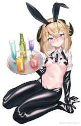 Rule 34 | 1girl, absurdres, animal ears, black gloves, black legwear, blonde hair, blue eyes, blush, bottle, breasts, rabbit ears, commentary request, cup, detached sleeves, drink, drinking glass, fake animal ears, food, fruit, full body, gloves, hair between eyes, heart pasties, highres, holding, ice, ice cube, latex, latex gloves, long hair, looking at viewer, meme attire, navel, nose blush, original, pasties, ponderogen, reverse bunnysuit, reverse outfit, short sleeves, simple background, sitting, small breasts, solo, stomach, tray, twitter username, white background, white neckwear