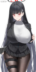 Rule 34 | 1girl, absurdres, black hair, black jacket, black pantyhose, black skirt, black suit, blue archive, blush, breasts, formal, hair ornament, hairclip, halo, highres, ilsksh, jacket, large breasts, long hair, long sleeves, looking at viewer, miniskirt, pantyhose, pleated skirt, red eyes, ribbed sweater, rio (blue archive), skirt, smile, solo, suit, sweater, thighs, turtleneck, turtleneck sweater, very long hair, white sweater
