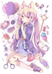 Rule 34 | 1girl, absurdres, animal ear fluff, animal ears, balloon, bandaid, bandaid on leg, blonde hair, bottle, closed mouth, commentary, cuffs, double scoop, doughnut, dress, food, full body, hair bobbles, hair ornament, handcuffs, handheld game console, highres, hood, hood down, hooded jacket, ice cream, ice cream cone, jacket, long hair, open clothes, open jacket, original, pill, purple dress, purple footwear, purple jacket, shoes, socks, solo, symbol-only commentary, tail, tsukiyo (skymint), twintails, very long hair, white socks