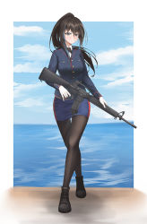 Rule 34 | 1girl, assault rifle, black footwear, black pantyhose, blue jacket, blue skirt, blush, boots, breasts, brown eyes, brown hair, closed mouth, commentary, eien (x0b3o6x7), full body, gloves, gun, highres, holding, holding gun, holding weapon, jacket, long hair, long sleeves, looking at viewer, m16, m16a2, medium breasts, multicolored hair, original, pantyhose, ponytail, rifle, simple background, skirt, solo, standing, streaked hair, uniform, weapon, white gloves
