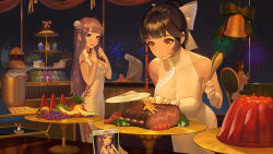 Rule 34 | 1boy, 3girls, azur lane, bare shoulders, bell, black hair, blue eyes, blunt bangs, blush, breasts, brown hair, buffet, cake, cellphone, champagne flute, chef, chef hat, china dress, chinese clothes, cleavage, commentary, cookie, cup, cupcake, damiaodi, double bun, dress, drinking glass, evening gown, food, food on face, fruit, gelatin, gloves, hair bun, hair ribbon, hat, highres, jewelry, macaron, meat, multiple girls, octopus, open mouth, phone, plate, ponytail, purple hair, ribbon, ring, see-through, side slit, smartphone, south dakota (azur lane), south dakota (solo concert) (azur lane), takao (azur lane), takao (the lessons of spring) (azur lane), thighhighs, tongs, unicorn (azur lane), unicorn (the gift of spring) (azur lane), wedding band, white dress, white gloves, yellow eyes