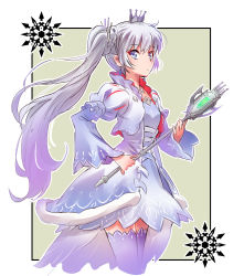 Rule 34 | 1girl, blush, closed mouth, coat, cropped jacket, crown, dress, earrings, frilled sleeves, frills, grey coat, grey dress, highres, holding, holding staff, iesupa, jewelry, juliet sleeves, long hair, long sleeves, looking at viewer, mini crown, open clothes, open coat, outside border, puffy sleeves, purple thighhighs, rwby, side ponytail, silver hair, snowflakes, solo, staff, standing, thighhighs, weiss schnee, zettai ryouiki
