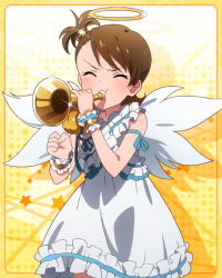 Rule 34 | &gt; &lt;, 10s, 1girl, angel, angel wings, brown hair, bugle, closed eyes, dress, futami ami, halo, horns, idolmaster, idolmaster (classic), idolmaster million live!, instrument, official art, short hair, side ponytail, single horn, solo, trumpet, wings, yellow background