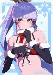 Rule 34 | 1girl, alternate costume, aoi suzu, ayaka (genshin impact), bare shoulders, bikini, black gloves, blue eyes, blunt bangs, bow, bowtie, breasts, christmas, cleavage, closed mouth, elbow gloves, embarrassed, flower knot, front-tie bikini top, front-tie top, fur-trimmed bikini, fur collar, fur trim, genshin impact, gloves, hair ornament, hair ribbon, halterneck, hand up, highres, long hair, looking at viewer, medium breasts, mole, mole under eye, ponytail, red bikini, red bow, red bowtie, ribbon, santa bikini, solo, stomach, string bikini, sweat, sweatdrop, swimsuit, tress ribbon, upper body, very long hair, white hair