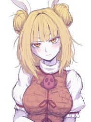 Rule 34 | 1girl, blonde hair, blush, breasts, brown vest, commentary request, double bun, hair bun, hair ribbon, head tilt, highres, joutouguu mayumi, large breasts, looking at viewer, miata (miata8674), puffy short sleeves, puffy sleeves, ribbon, shirt, short hair, short sleeves, simple background, sketch, solo, touhou, upper body, vest, white background, white ribbon, white shirt, yellow eyes