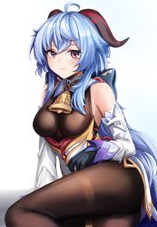 Rule 34 | 1girl, bell, black gloves, black pantyhose, blue hair, blush, bodysuit, breasts, brown bodysuit, brown legwear, closed mouth, commentary, cowbell, detached sleeves, dvdraw, english commentary, ganyu (genshin impact), genshin impact, gloves, goat horns, highres, horns, legs, long hair, looking at viewer, medium breasts, pantyhose, red eyes, sitting, smile, solo, white background
