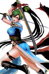 Rule 34 | 1girl, arms up, ass, black footwear, black gloves, black shirt, blue dress, blush, boots, breasts, china dress, chinese clothes, dao (weapon), dress, dual wielding, earrings, eyelashes, fire emblem, fire emblem: the blazing blade, foot out of frame, gloves, green eyes, green hair, high ponytail, highleg, highleg dress, highres, holding, jack (kairuhaido), jewelry, knee boots, large breasts, legs, long hair, lyn (fire emblem), nintendo, open mouth, parted bangs, pelvic curtain, ponytail, red sash, rope belt, sash, sheath, shiny skin, shirt, short sleeves, simple background, sketch, solo, sword, teeth, thighs, underbust, undershirt, very long hair, weapon, white background