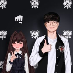 Rule 34 | 1boy, 1girl, :d, absurdres, asian, black dress, black ribbon, blush, brown hair, closed eyes, closed mouth, collared shirt, dress, elisia valfelto, esports, facing viewer, faker (gamer), glasses, hair intakes, highres, league of legends, long hair, looking at viewer, luicent, neck ribbon, open mouth, original, real life, real life insert, ribbon, round eyewear, shirt, short hair, t1 (esports), smile, thumbs up, v, white shirt, wing collar