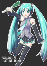 Rule 34 | 1girl, aqua hair, aqua necktie, black background, blouse, character name, collared shirt, copyright name, detached sleeves, dune (artist), food, frilled shirt, frills, grey shirt, hair between eyes, hatsune miku, headset, leaning to the side, long hair, necktie, outline, shirt, solo, spring onion, tattoo, thighhighs, twintails, vegetable, very long hair, vocaloid, zettai ryouiki