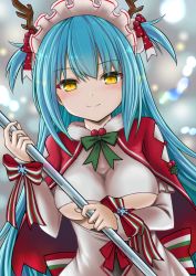 Rule 34 | 1girl, alternate costume, azur lane, blue hair, blurry, blurry background, blush, breasts, capelet, christmas, closed mouth, clothing cutout, dot nose, dress, fake antlers, fur-trimmed capelet, fur trim, green ribbon, hair ribbon, hands up, highres, holding, long hair, long sleeves, looking at viewer, maid headdress, medium breasts, multicolored ribbon, neck ribbon, neptune (azur lane), neptune (princess of the reindeers) (azur lane), red capelet, red ribbon, ribbon, smile, solo, striped ribbon, tokisaka ena, two side up, underboob, underboob cutout, upper body, white dress, white ribbon, yellow eyes