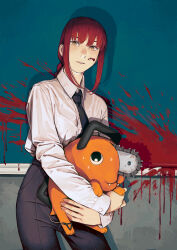 Rule 34 | 1girl, absurdres, black pants, blood, blood on face, blood splatter, braid, braided ponytail, carrying, chainsaw, chainsaw man, chalkboard, collared shirt, creature, fang, highres, looking at viewer, makima (chainsaw man), necktie, pants, parted lips, pochita (chainsaw man), procreate (medium), red hair, ringed eyes, shirt, upper body, white shirt, wing collar, yakoartz, yellow eyes