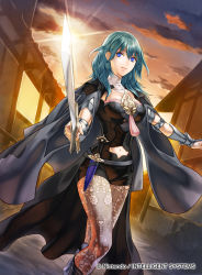 Rule 34 | 1girl, black cape, black footwear, black shorts, blue eyes, blue hair, boots, breasts, brown pantyhose, byleth (female) (fire emblem), byleth (fire emblem), cape, closed mouth, cloud, fire emblem, fire emblem: three houses, holding, holding sword, holding weapon, kita senri, lace, lace-trimmed legwear, lace trim, long hair, looking at viewer, medium breasts, midriff, navel, night, nintendo, official art, outdoors, pantyhose, pantyhose under shorts, print pantyhose, short shorts, shorts, sky, smile, solo, standing, star (sky), starry sky, stomach, sword, waist cape, weapon