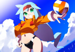 Rule 34 | 1girl, alternate costume, alternate hairstyle, ashe (mega man), ball, bikini, bikini bottom only, black bikini, blue hair, cloud, commentary request, commission, crop top, cropped jacket, green eyes, holding, holding ball, jacket, kaidou zx, long hair, mega man (series), mega man zx, mega man zx advent, midriff, navel, ocean, open clothes, open fly, orange jacket, pixiv commission, short hair, sky, swimsuit, variant set, volleyball (object), water