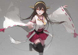 Rule 34 | 10s, 1girl, black hair, floating hair, grey background, hair between eyes, hair ornament, hairband, hairclip, haruna (kancolle), japanese clothes, kantai collection, kimono, long hair, looking at viewer, miniskirt, nero (nilu), one eye closed, open mouth, orange eyes, pleated skirt, red skirt, ribbon-trimmed sleeves, ribbon trim, simple background, sketch, skirt, solo, standing, standing on one leg, thighhighs, white kimono, yellow hairband