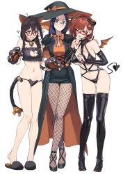 Rule 34 | 3girls, 92m, ?, @ @, anger vein, animal ears, bell, black hair, blue eyes, blue hair, blush, boots, bra, braid, breasts, cat cutout, cat lingerie, cat tail, cleavage, cleavage cutout, clothing cutout, crossed legs, dateko (92m), demon girl, demon horns, demon tail, fake animal ears, fake horns, fake tail, fishnet pantyhose, fishnets, frilled bra, frills, glasses, halloween costume, hat, high heel boots, high heels, highres, horns, kakita (92m), kinshi no ane (92m), large breasts, long hair, meme attire, multiple girls, neck bell, o-ring, original, pantyhose, red eyes, red hair, short hair, slippers, smile, tail, thigh boots, underwear, watson cross, witch, witch hat, yellow eyes