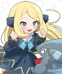 1girl :d absurdres aged_down amakusa_setoka blonde_hair blue_bow blue_bowtie blue_dress blush bow bowtie child clenched_hands collared_dress commentary_request contrast_collar creatures_(company) cynthia_(pokemon) dress game_freak gen_4_pokemon gible grey_eyes hair_bow highres long_hair long_sleeves looking_at_creature nintendo open_mouth parted_bangs pokemon pokemon_(anime) pokemon_(creature) pokemon_journeys smile watermark