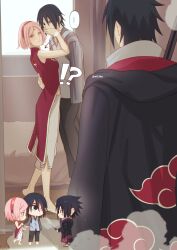 Rule 34 | !?, ..., 1girl, 2boys, akatsuki uniform, amputee, barefoot, bed, bedroom, black coat, black eyes, black hair, black pants, boruto: naruto next generations, chibi, chokutou, coat, collar, dual persona, green eyes, grey shirt, grey vest, haruno sakura, headband, hetero, heterochromia, highres, holding, holding sword, holding weapon, husband and wife, indoors, long sleeves, multiple boys, naruto (series), naruto shippuuden, niku (ni23ku), ninja, pants, pink hair, red shirt, rinnegan, shirt, short hair, sleeveless, sleeveless shirt, spiked collar, spiked hair, spikes, standing, sword, time paradox, uchiha sasuke, vest, weapon, white pants