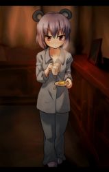 Rule 34 | 1girl, animal ears, ayagi daifuku, blush, cheese, female focus, food, frown, full body, grey hair, indoors, letterboxed, mouse ears, nazrin, pajamas, plate, red eyes, short hair, slippers, solo, standing, touhou, v-shaped eyebrows