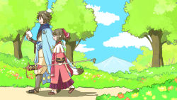 Rule 34 | 1boy, 1girl, age difference, animal ears, aquaplus, beard, blue sky, breasts, brother and sister, brown hair, cloud, cloudy sky, coat, dress, facial hair, family, from side, full body, hair ribbon, height difference, long hair, long sleeves, messy hair, mountain, mountainous horizon, nekone (utawarerumono), outdoors, plant, pointy ears, red eyes, ribbon, scarf, shadow, short hair, siblings, sidelocks, sky, small breasts, standing, standing on one leg, tail, tree, twchewp, twintails, ukon (utawarerumono), utawarerumono, utawarerumono: itsuwari no kamen, walking