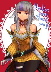 Rule 34 | 1girl, alternate costume, animal ears, bare shoulders, belt, black belt, black pantyhose, breasts, cleavage, commission, cosplay, crossover, detached sleeves, dress, english text, expressionless, fire emblem, fire emblem fates, gloves, grey hair, highres, long hair, looking at viewer, medium breasts, mixed-language commentary, multicolored hair, nia (xenoblade), nia (xenoblade) (cosplay), nintendo, pantyhose, purple hair, r123, r skeb, red eyes, ribbed dress, skeb commission, solo, streaked hair, velouria (fire emblem), white gloves, wolf ears, wolf girl, xenoblade chronicles (series), xenoblade chronicles 2, yellow dress, yellow sleeves