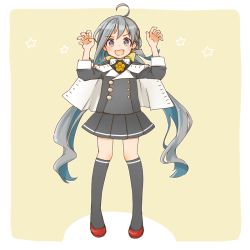 Rule 34 | 1girl, ahoge, beige background, border, buttons, cocoperino, cosplay, curled fingers, double-breasted, full body, grey eyes, grey hair, grey skirt, grey thighhighs, hair between eyes, hair bun, kantai collection, kiyoshimo (kancolle), long hair, looking at viewer, low twintails, musashi (kancolle), musashi (kancolle) (cosplay), musashi kai ni (kancolle), pleated skirt, red footwear, single hair bun, skirt, smile, solo, standing, thighhighs, twintails, two-tone background, very long hair, white border