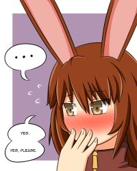 Rule 34 | ..., 1girl, animal ears, blush, brown eyes, brown hair, covering own mouth, english text, flying sweatdrops, hand over own mouth, highres, looking away, lunarisaileron, no nose, outside border, purple background, rabbit, rabbit ears, rwby, simple background, solo, speech bubble, velvet scarlatina