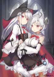 Rule 34 | 2girls, ahoge, azur lane, bare shoulders, black skirt, blush, breasts, commentary request, detached sleeves, erebus (azur lane), frills, gloves, hair over one eye, hat, highres, holding, hood, large breasts, long hair, looking at viewer, multiple girls, red eyes, shirt, short hair, silver hair, skirt, sleeves past wrists, stitches, terror (azur lane), thighhighs, white gloves, white shirt, yu ni t