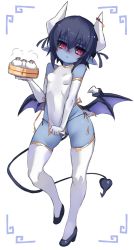 Rule 34 | 1girl, bamboo steamer, baozi, bare shoulders, bell, black footwear, black hair, black panties, blue skin, breasts, clothes pull, colored skin, curled horns, demon girl, demon horns, demon tail, demon wings, dress, dress pull, elbow gloves, food, full body, gloves, gluteal fold, groin, hair between eyes, hand up, high heels, holding, horn bell, horns, jingle bell, karukan (monjya), low wings, panties, pointy ears, purple wings, red eyes, seizaverus, shinrabanshou, shoes, side-tie panties, sleeveless, sleeveless dress, small breasts, solo, standing, standing on one leg, tail, thighhighs, underwear, white background, white dress, white gloves, white thighhighs, wings